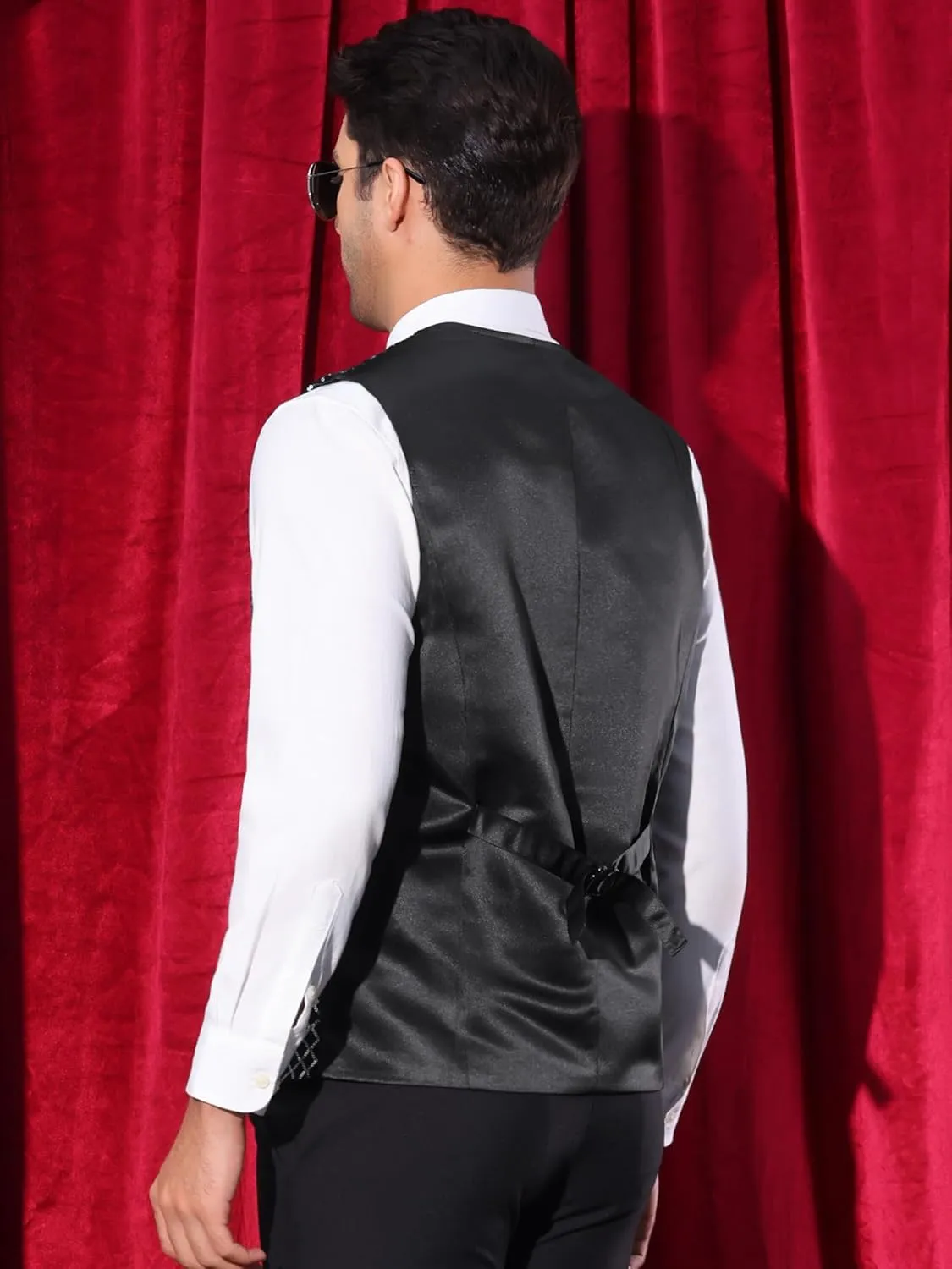 Lars Amadeus Argyle Sequin Vest for Men's V-Neck Party Nightclub Shiny Sleeveless Suit Metallic Waistcoat