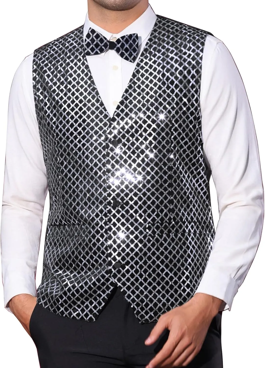 Lars Amadeus Argyle Sequin Vest for Men's V-Neck Party Nightclub Shiny Sleeveless Suit Metallic Waistcoat