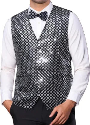 Lars Amadeus Argyle Sequin Vest for Men's V-Neck Party Nightclub Shiny Sleeveless Suit Metallic Waistcoat