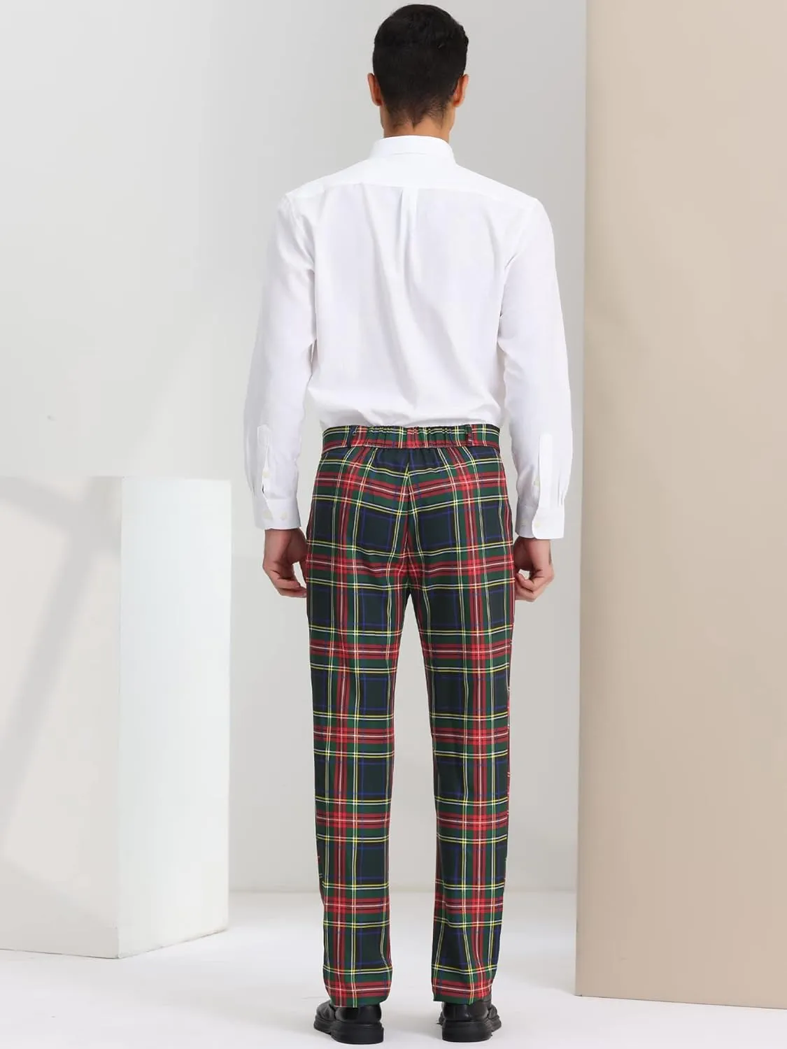Lars Amadeus Men's Plaid Pants Regular Fit Flat Front Classic Elastic Waist Suit Pants