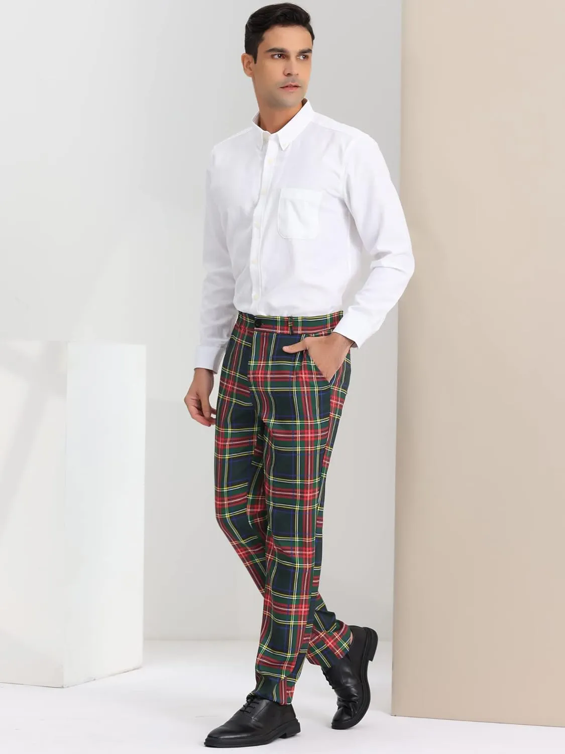 Lars Amadeus Men's Plaid Pants Regular Fit Flat Front Classic Elastic Waist Suit Pants