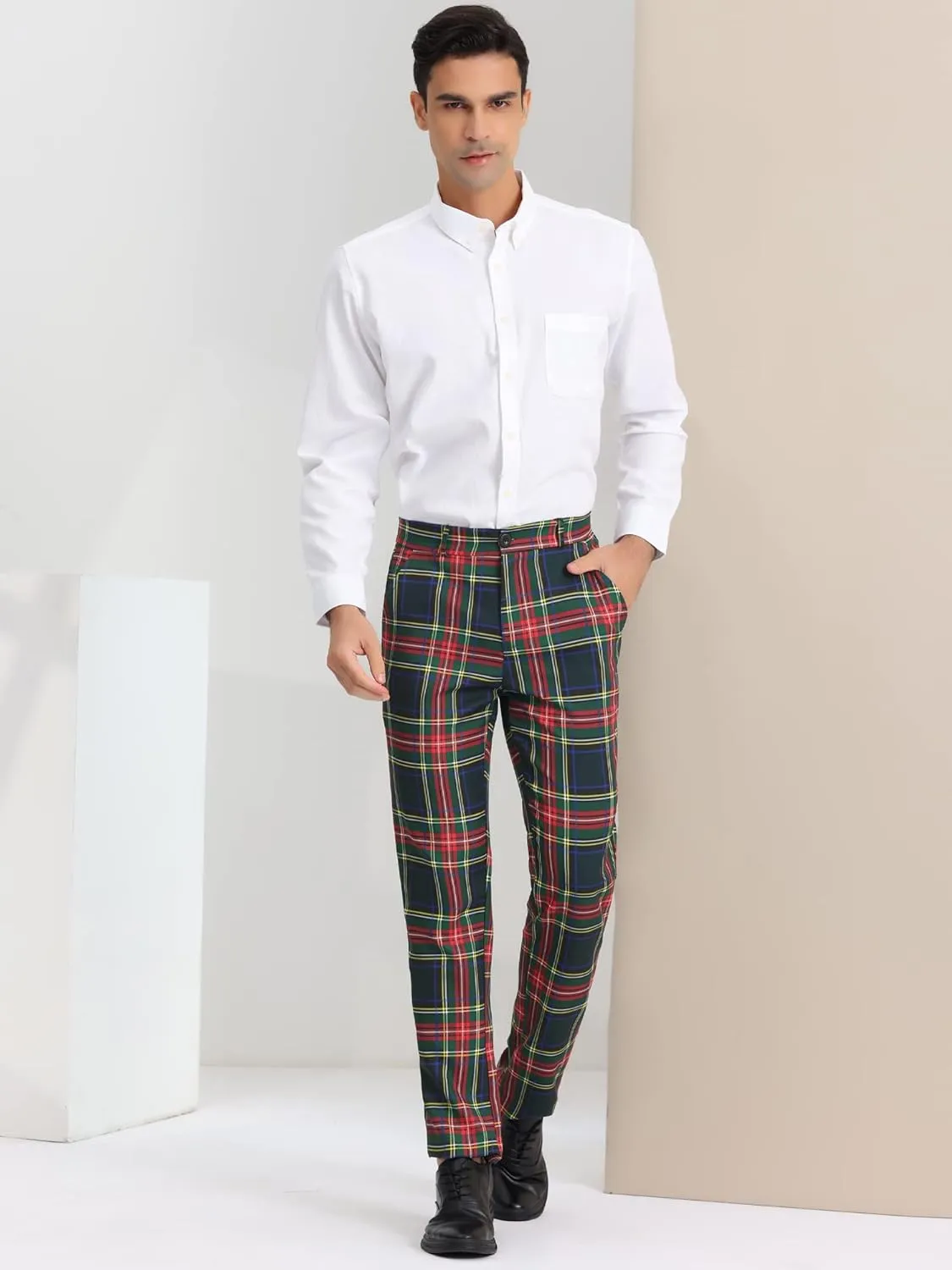 Lars Amadeus Men's Plaid Pants Regular Fit Flat Front Classic Elastic Waist Suit Pants