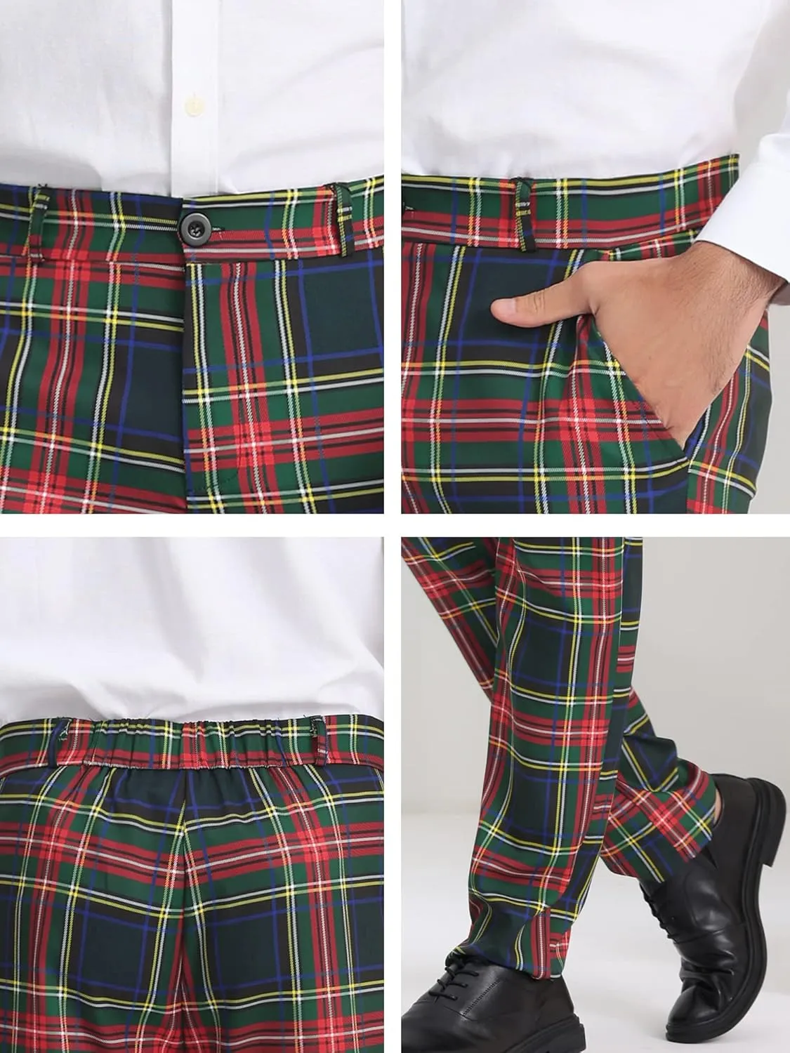 Lars Amadeus Men's Plaid Pants Regular Fit Flat Front Classic Elastic Waist Suit Pants