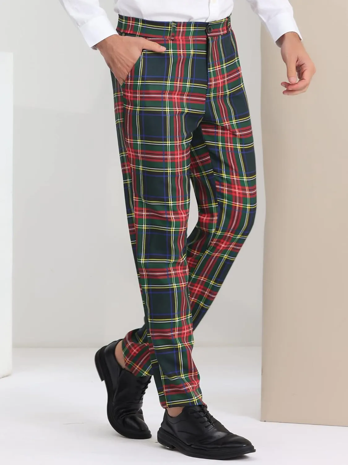 Lars Amadeus Men's Plaid Pants Regular Fit Flat Front Classic Elastic Waist Suit Pants