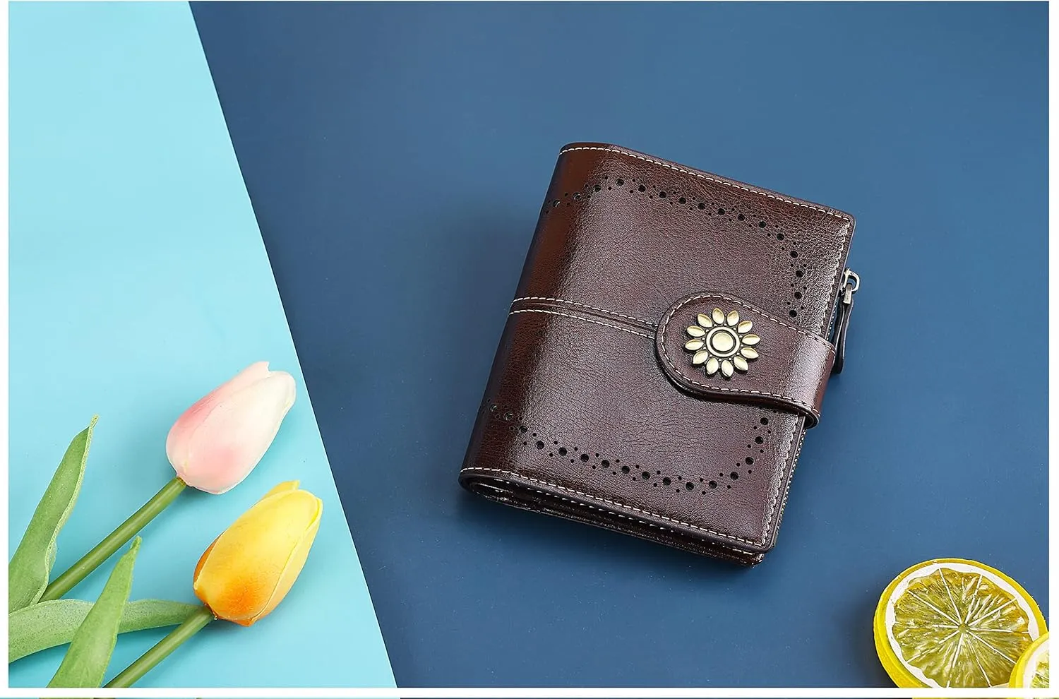 Lavemi Womens Leather Wallet Small Compact RFID Blocking Credit Card Case Purse with Zipper Pocket