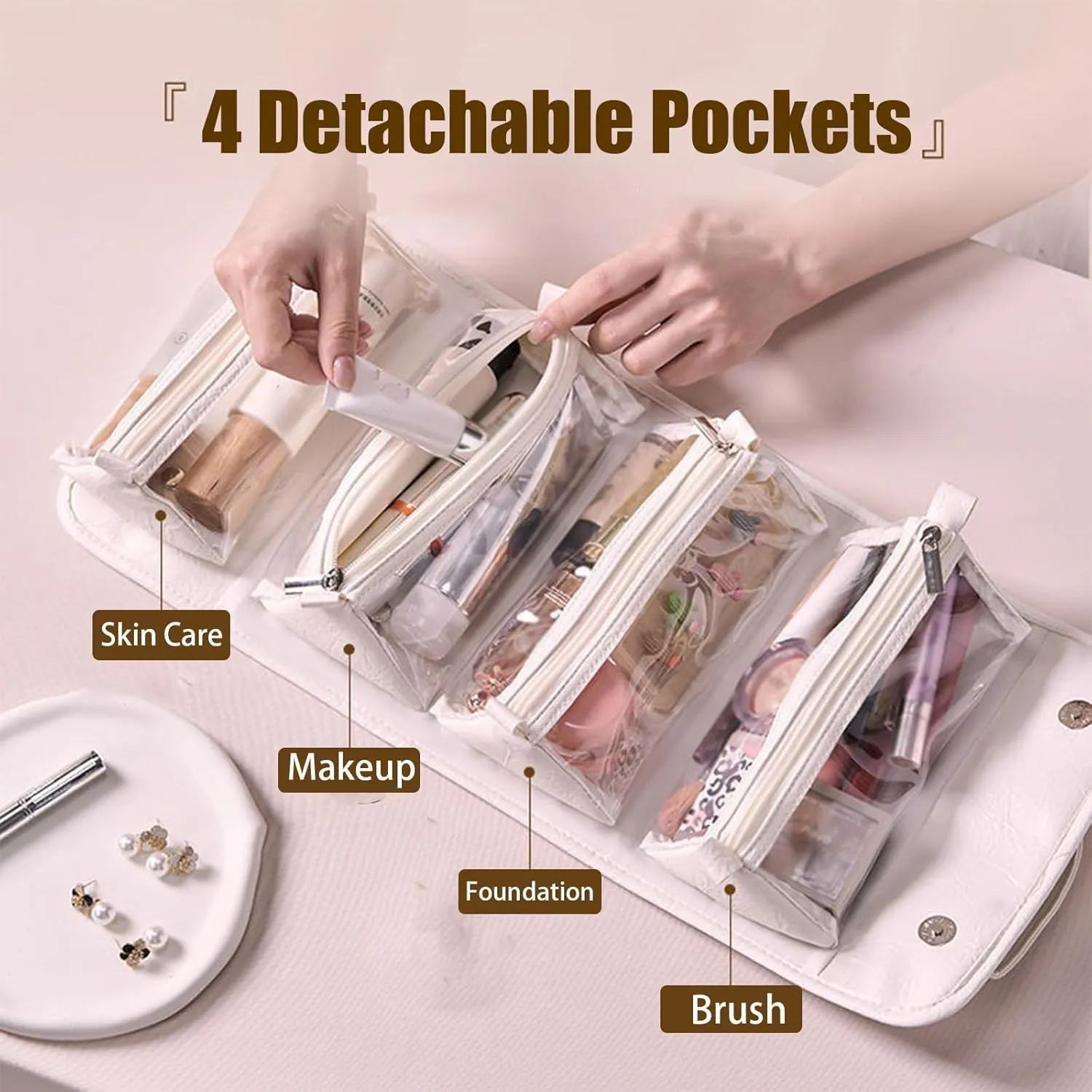 Leather Cosmetic Bag, Cosmetic Travel Bag, Leather Waterproof Cosmetic Bag, Detachable Compact Toiletry Bag