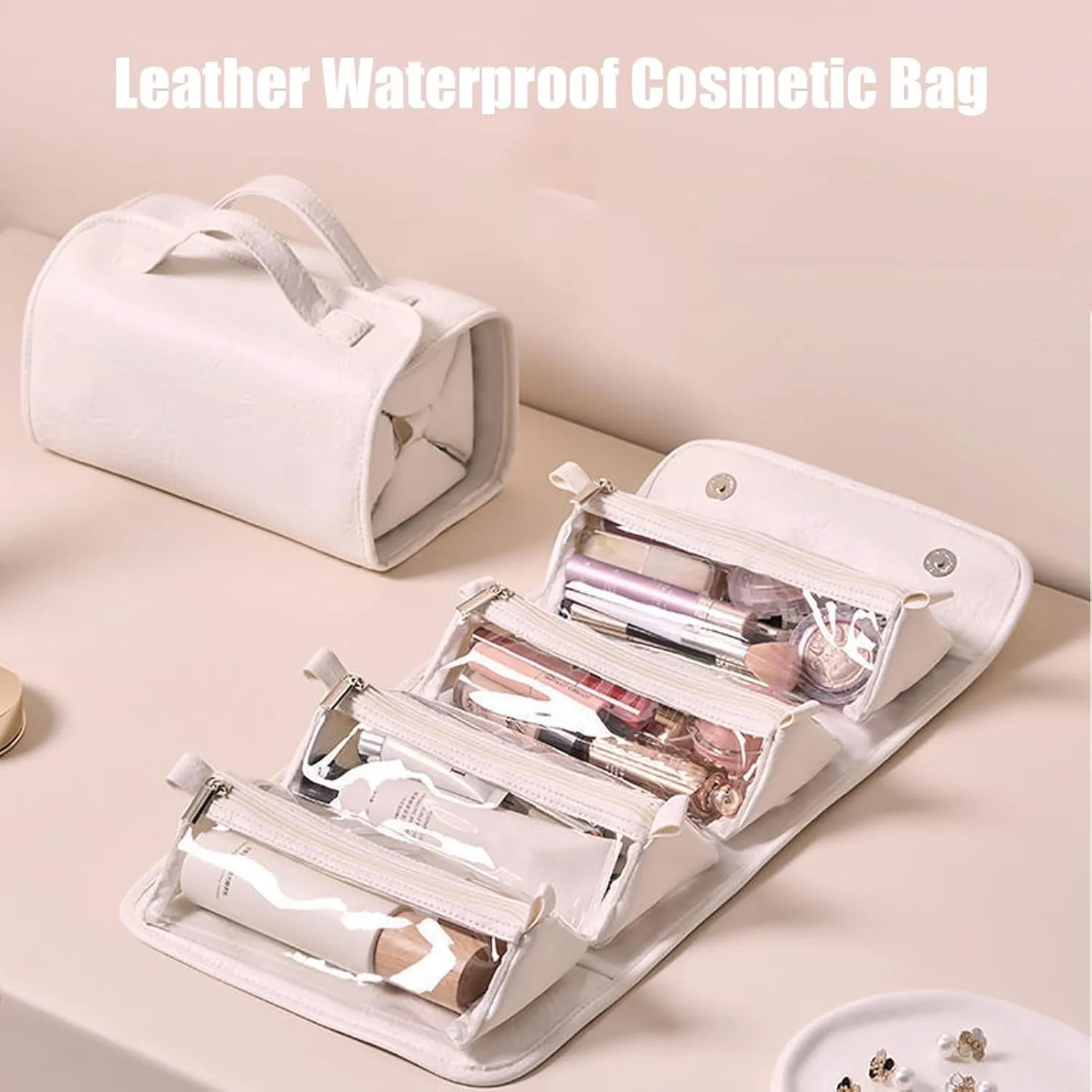 Leather Cosmetic Bag, Cosmetic Travel Bag, Leather Waterproof Cosmetic Bag, Detachable Compact Toiletry Bag