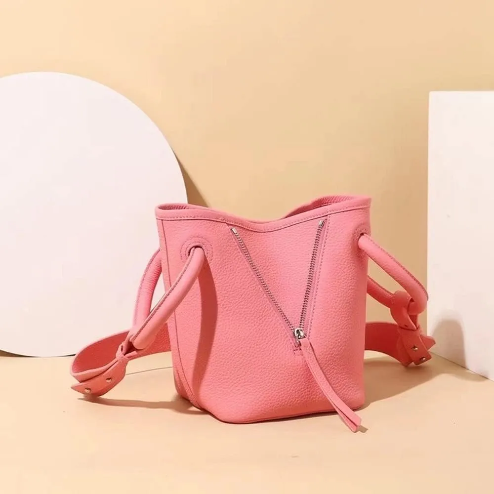 Leather Design Bucket Women's Unique Shoulder Bags With Cross-body Chain Strap Convertible Satchel Handbag