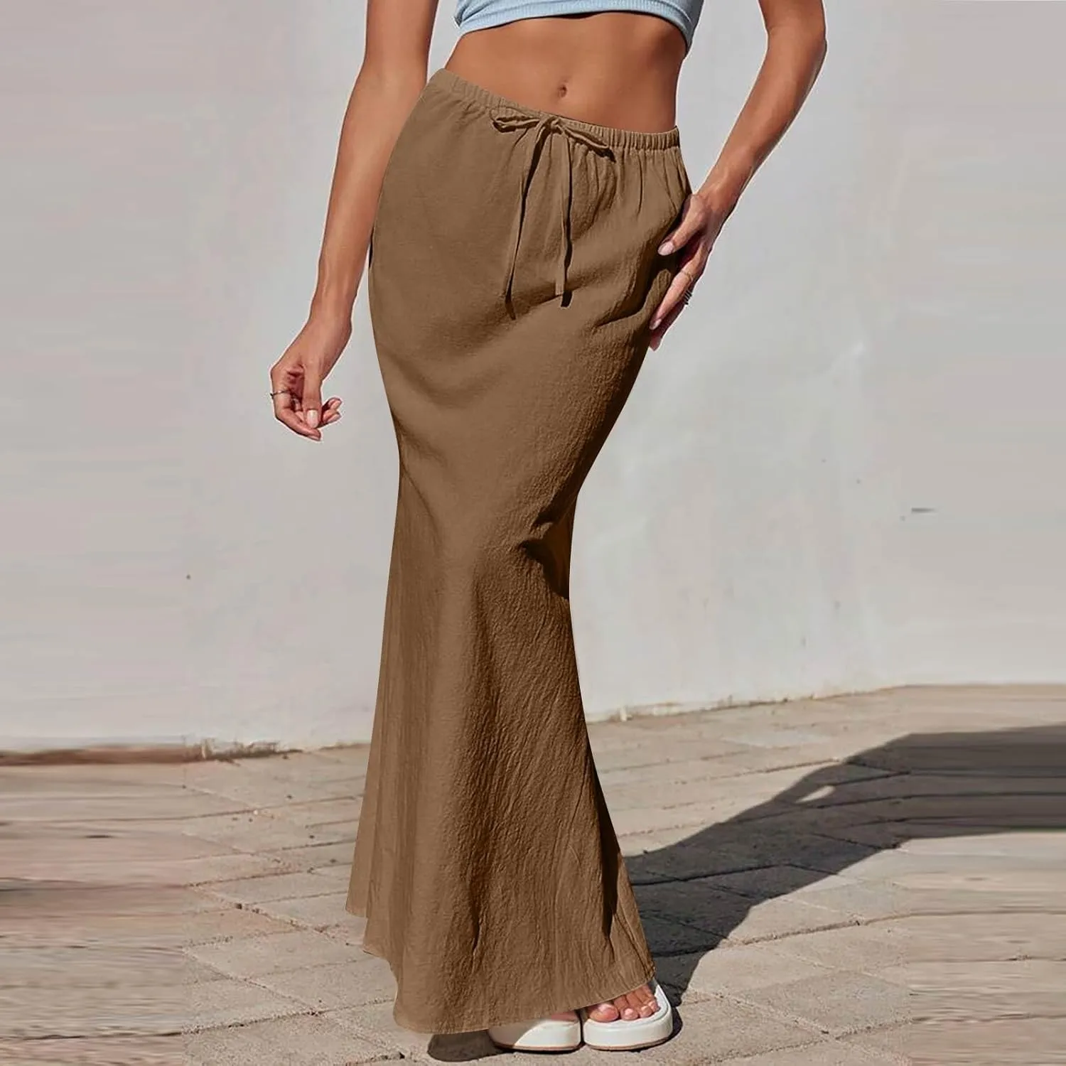 Linen Maxi Skirts for Women 2025 Summer Drawstring Low Rise A Line Skirts Cute Comfy Vacation Boho Long Fishtail Skirt