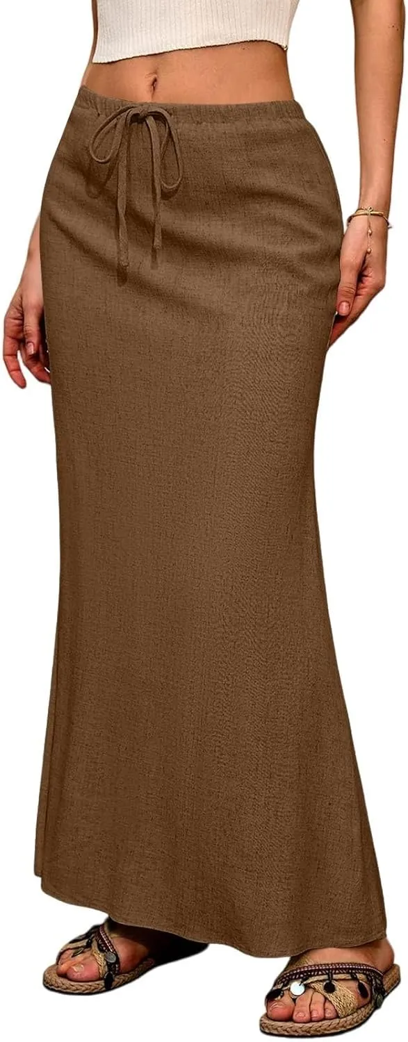 Linen Maxi Skirts for Women 2025 Summer Drawstring Low Rise A Line Skirts Cute Comfy Vacation Boho Long Fishtail Skirt