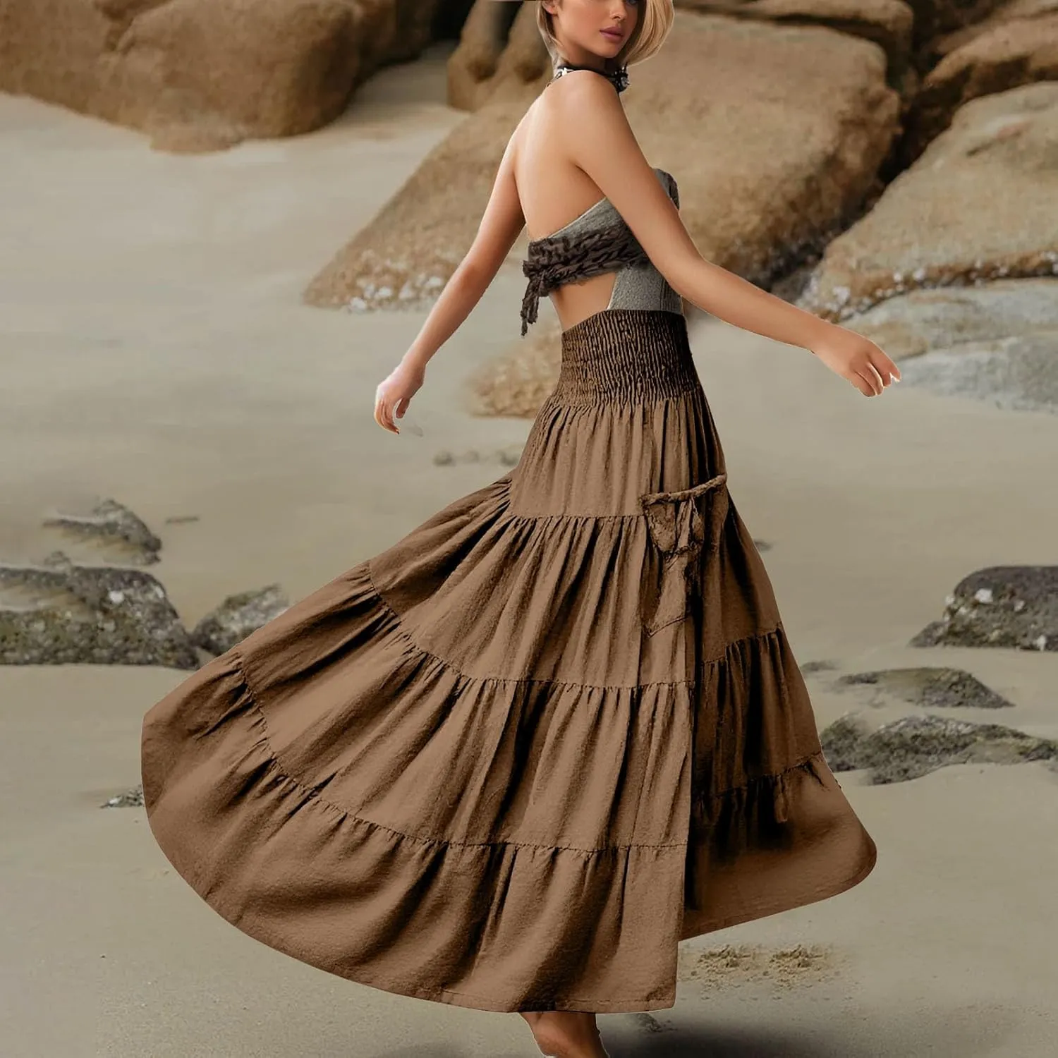 Linen Maxi Skirts for Women Flowy Skirt 2025 Boho Flowy Swing Tiered A-Line Elastic Waist Pleated Long Beach Dress