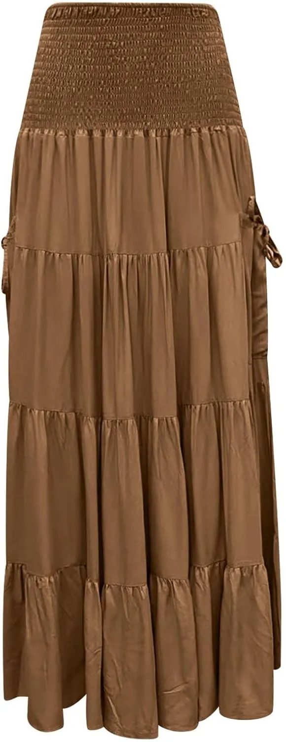 Linen Maxi Skirts for Women Flowy Skirt 2025 Boho Flowy Swing Tiered A-Line Elastic Waist Pleated Long Beach Dress