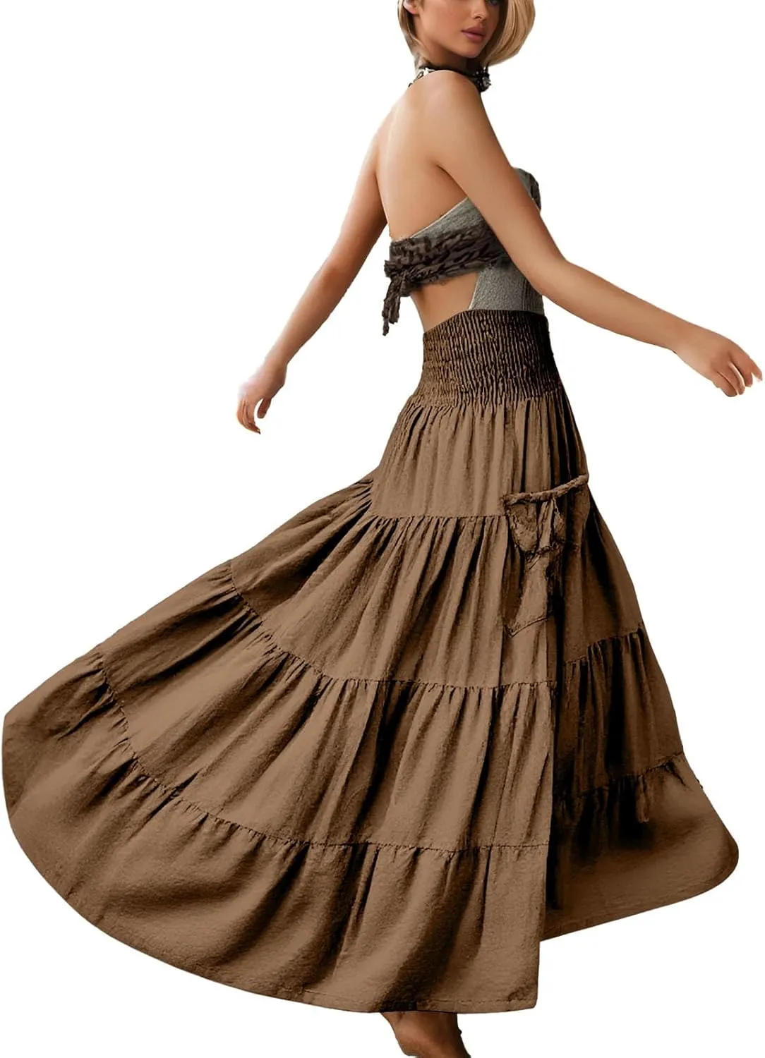 Linen Maxi Skirts for Women Flowy Skirt 2025 Boho Flowy Swing Tiered A-Line Elastic Waist Pleated Long Beach Dress