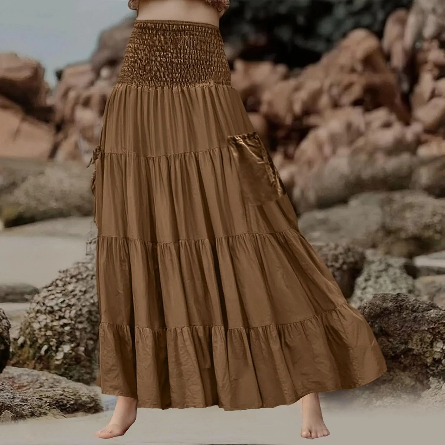 Linen Maxi Skirts for Women Flowy Skirt 2025 Boho Flowy Swing Tiered A-Line Elastic Waist Pleated Long Beach Dress