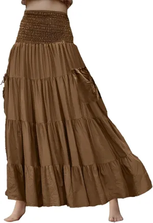Linen Maxi Skirts for Women Flowy Skirt 2025 Boho Flowy Swing Tiered A-Line Elastic Waist Pleated Long Beach Dress