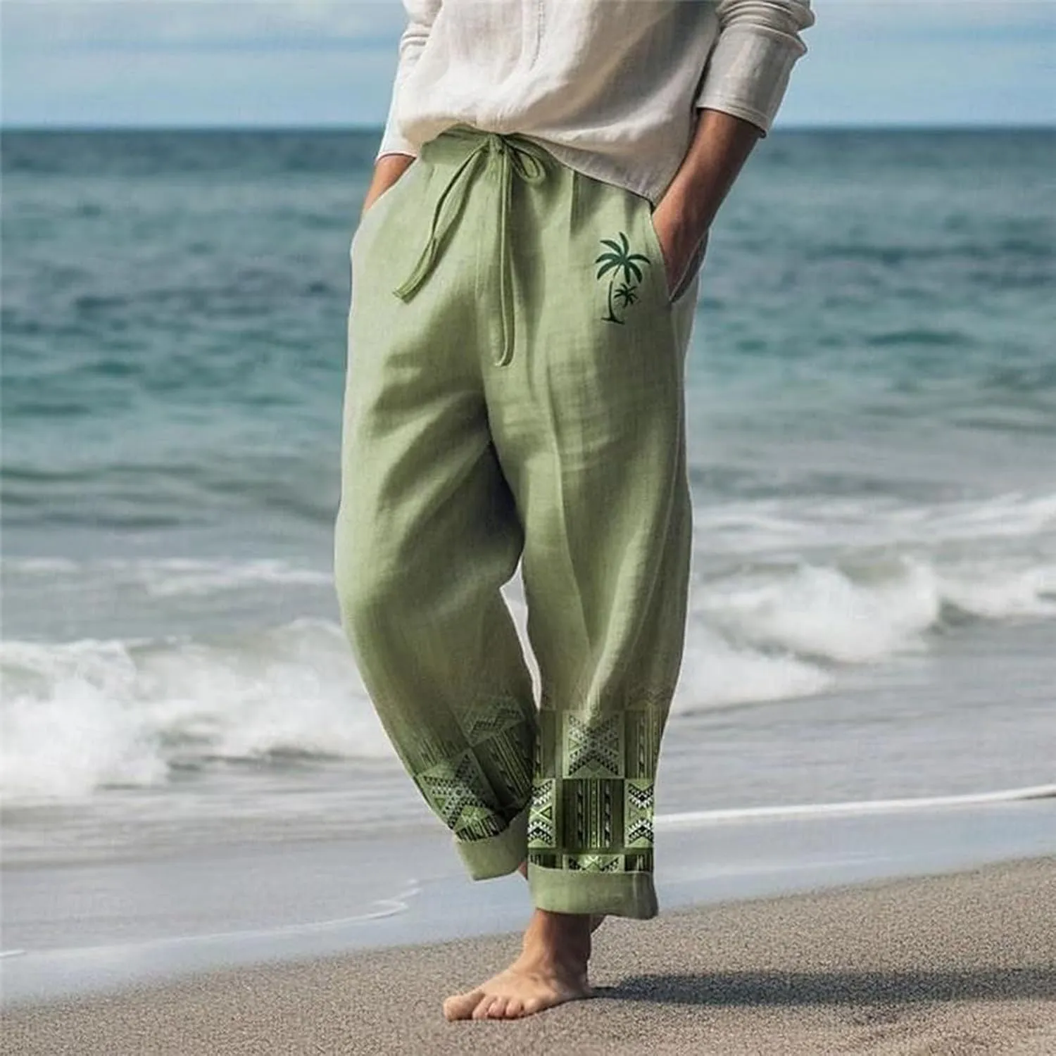 Linen Pants for Men Loose Fit Classic Flat Front Chino Pants Casual Lightweight Straight Leg Summer Beach Trousers
