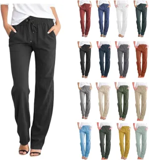 Linen Pants for Women High Waisted Drawstring Relaxed Fit Wide Leg Pant Elastic Waist Casual Lightweight Trousers