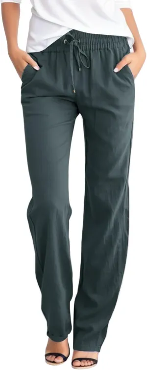 Linen Pants for Women High Waisted Drawstring Relaxed Fit Wide Leg Pant Elastic Waist Casual Lightweight Trousers