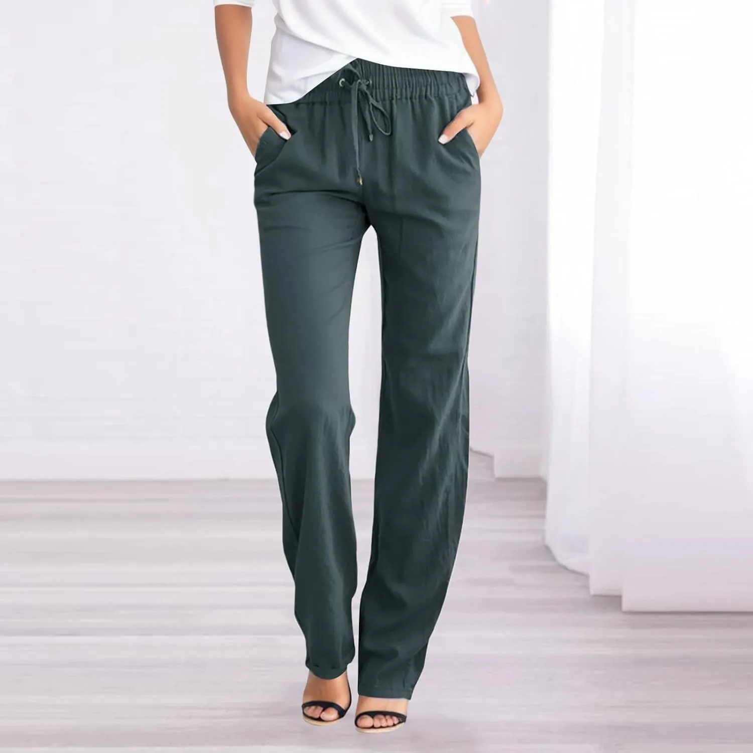 Linen Pants for Women High Waisted Drawstring Relaxed Fit Wide Leg Pant Elastic Waist Casual Lightweight Trousers
