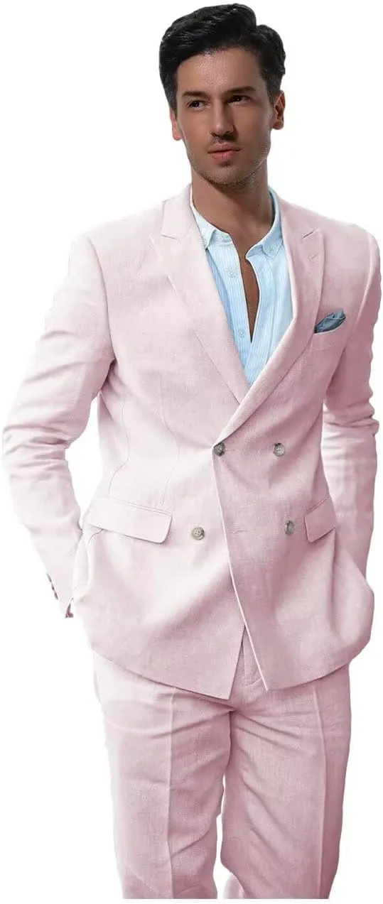 Linen Suits for Men Summer Regular Fit Double Breasted Tuxedos Casual Peak Lapel Blazer Pants for Business Wedding