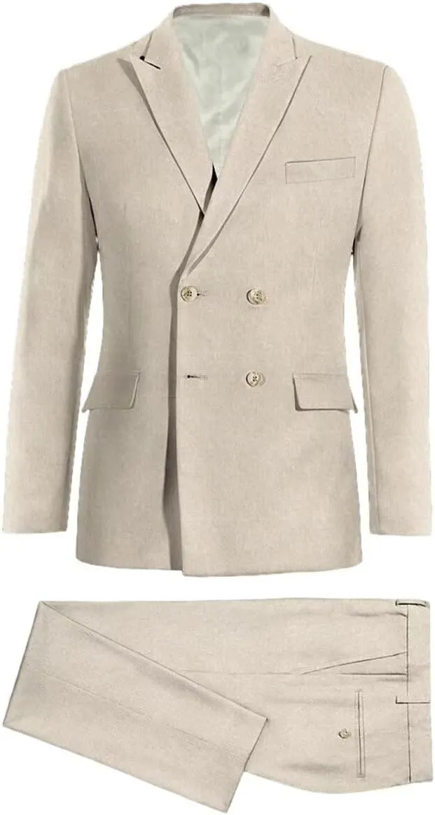 Linen Suits for Men Summer Regular Fit Double Breasted Tuxedos Casual Peak Lapel Blazer Pants for Business Wedding