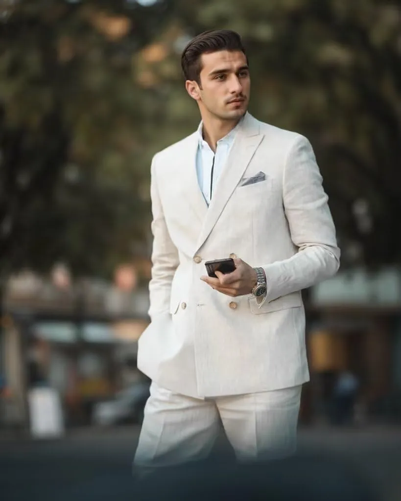 Linen Suits for Men Summer Regular Fit Double Breasted Tuxedos Casual Peak Lapel Blazer Pants for Business Wedding