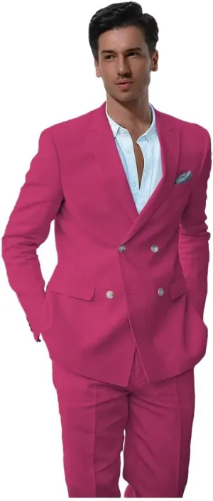 Linen Suits for Men Summer Regular Fit Double Breasted Tuxedos Casual Peak Lapel Blazer Pants for Business Wedding
