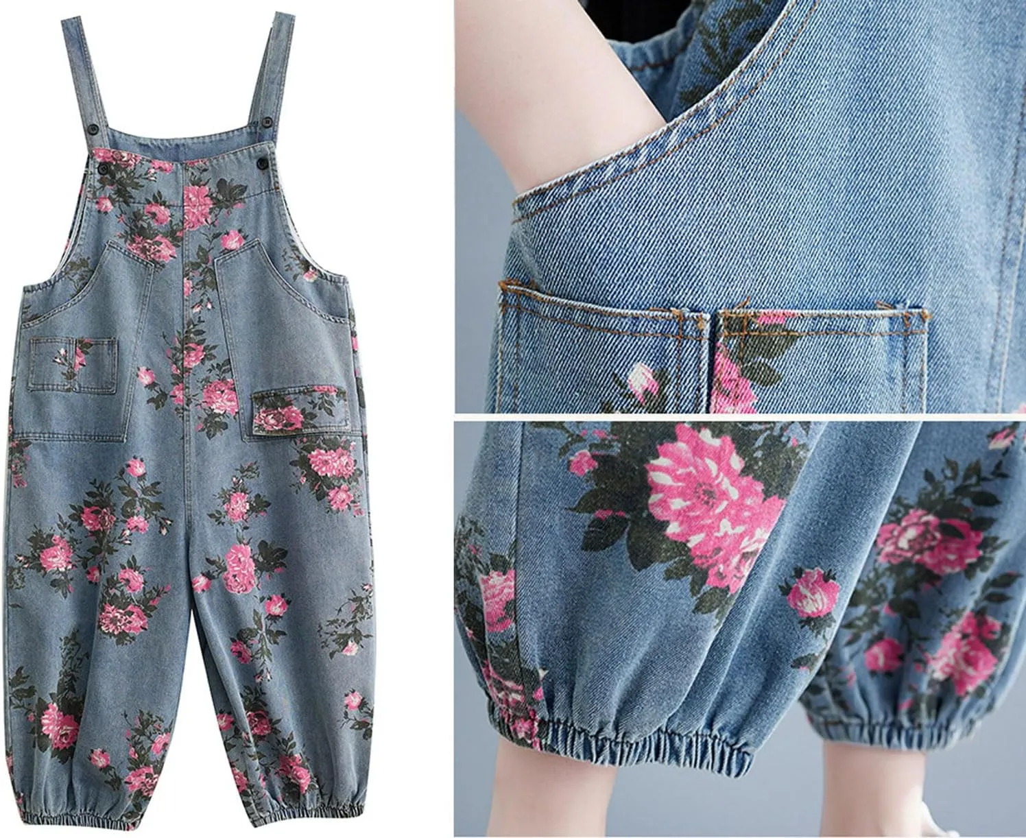 loveimgs Women Baggy Floral Denim Bib Overalls Sleeveless Cargo Jean Jumpsuit Cropped Harem Pants Joggers Cute Strap Overalls