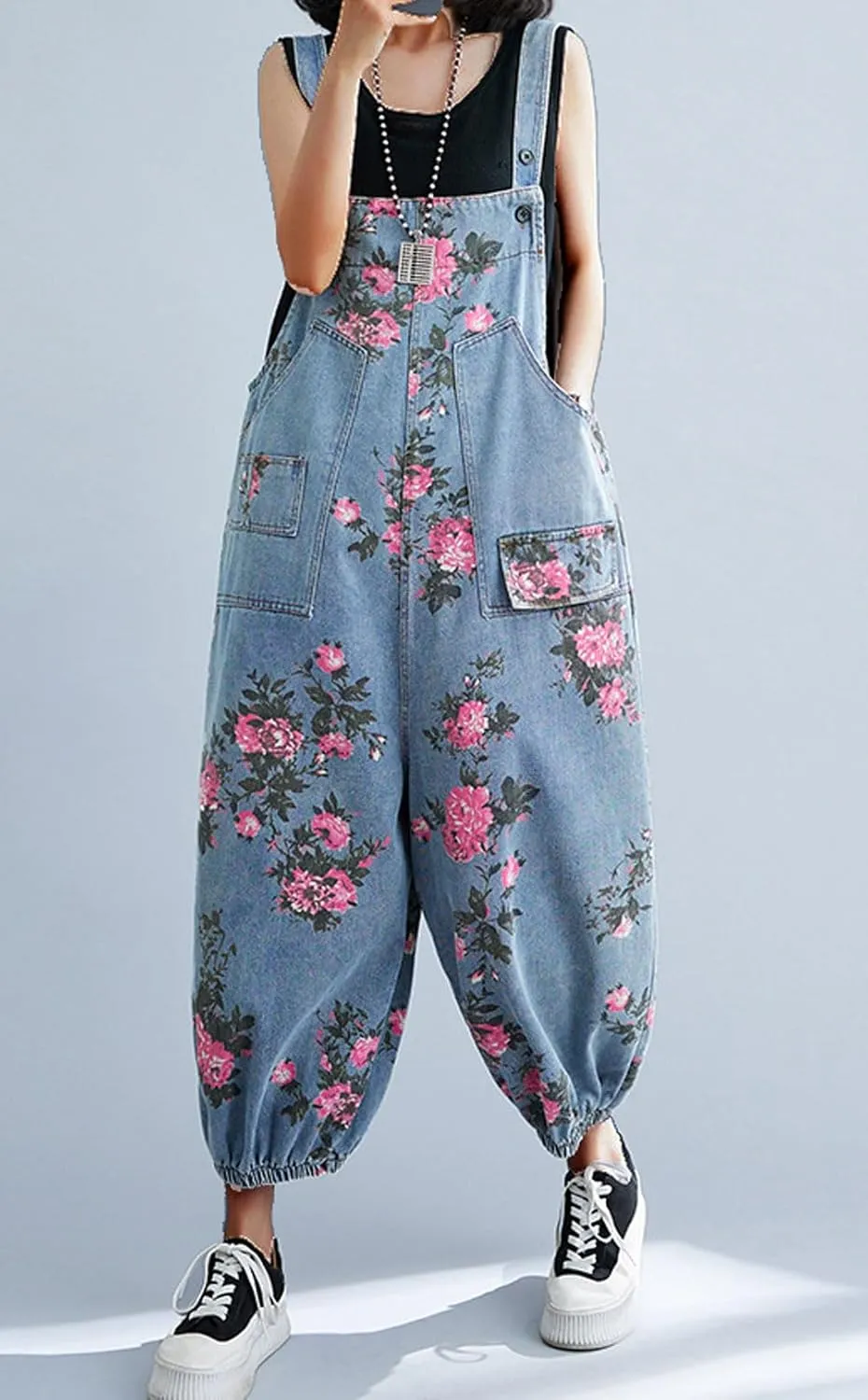 loveimgs Women Baggy Floral Denim Bib Overalls Sleeveless Cargo Jean Jumpsuit Cropped Harem Pants Joggers Cute Strap Overalls