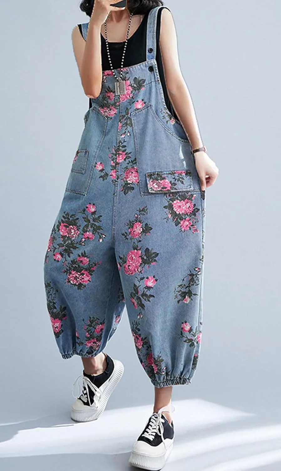 loveimgs Women Baggy Floral Denim Bib Overalls Sleeveless Cargo Jean Jumpsuit Cropped Harem Pants Joggers Cute Strap Overalls