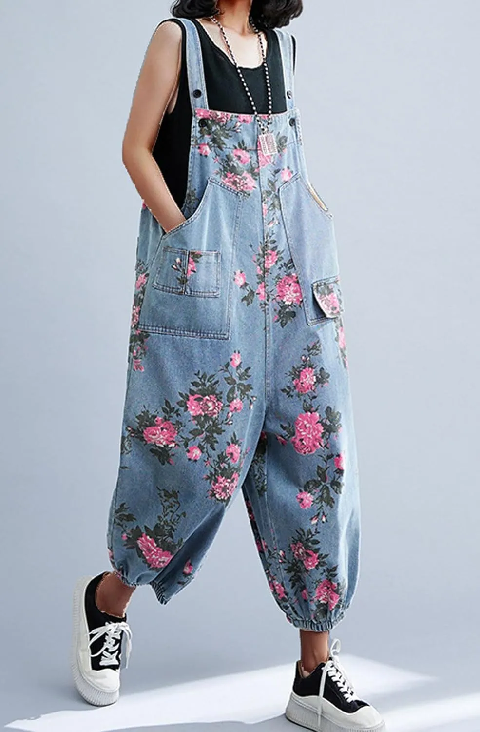 loveimgs Women Baggy Floral Denim Bib Overalls Sleeveless Cargo Jean Jumpsuit Cropped Harem Pants Joggers Cute Strap Overalls
