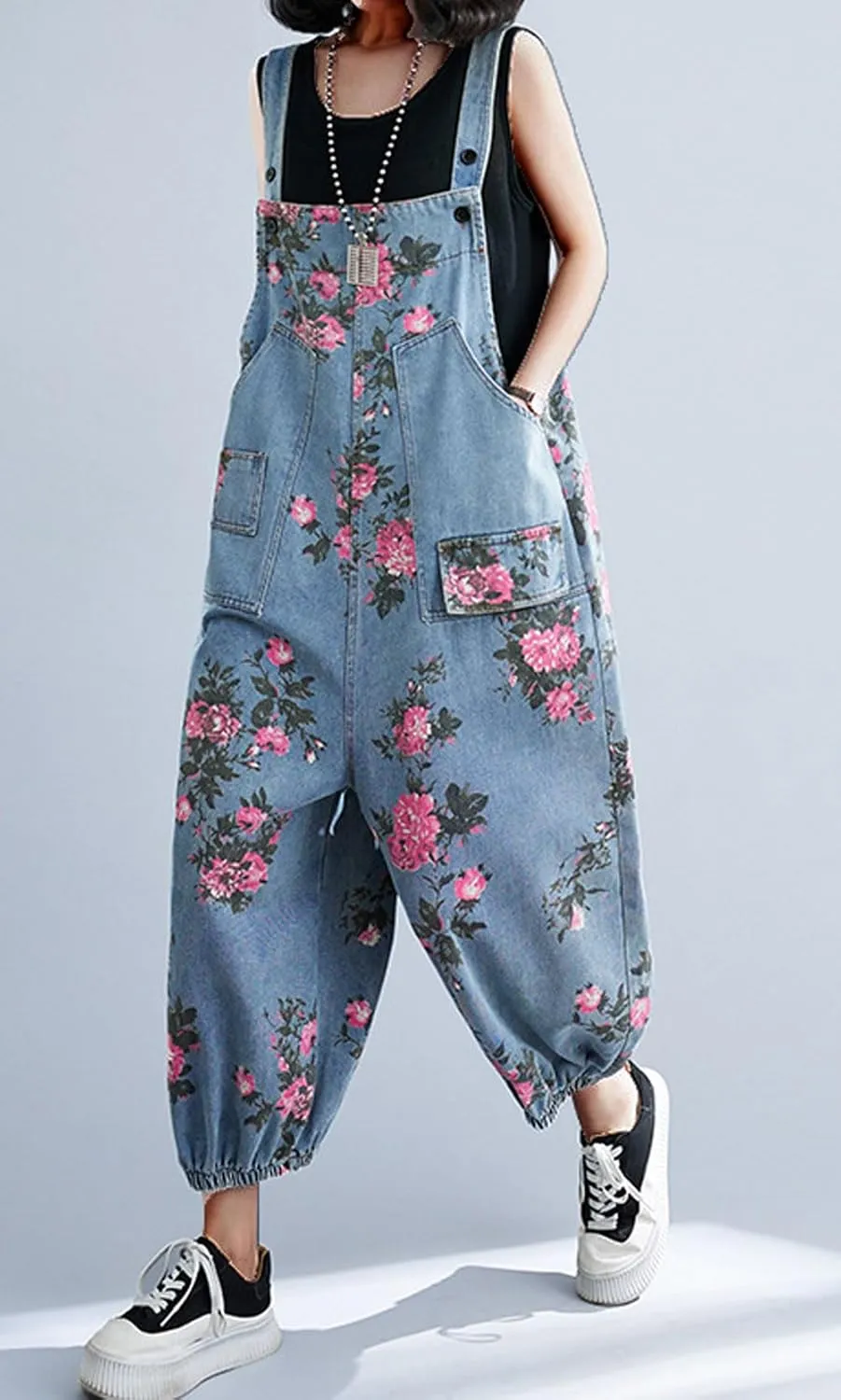 loveimgs Women Baggy Floral Denim Bib Overalls Sleeveless Cargo Jean Jumpsuit Cropped Harem Pants Joggers Cute Strap Overalls