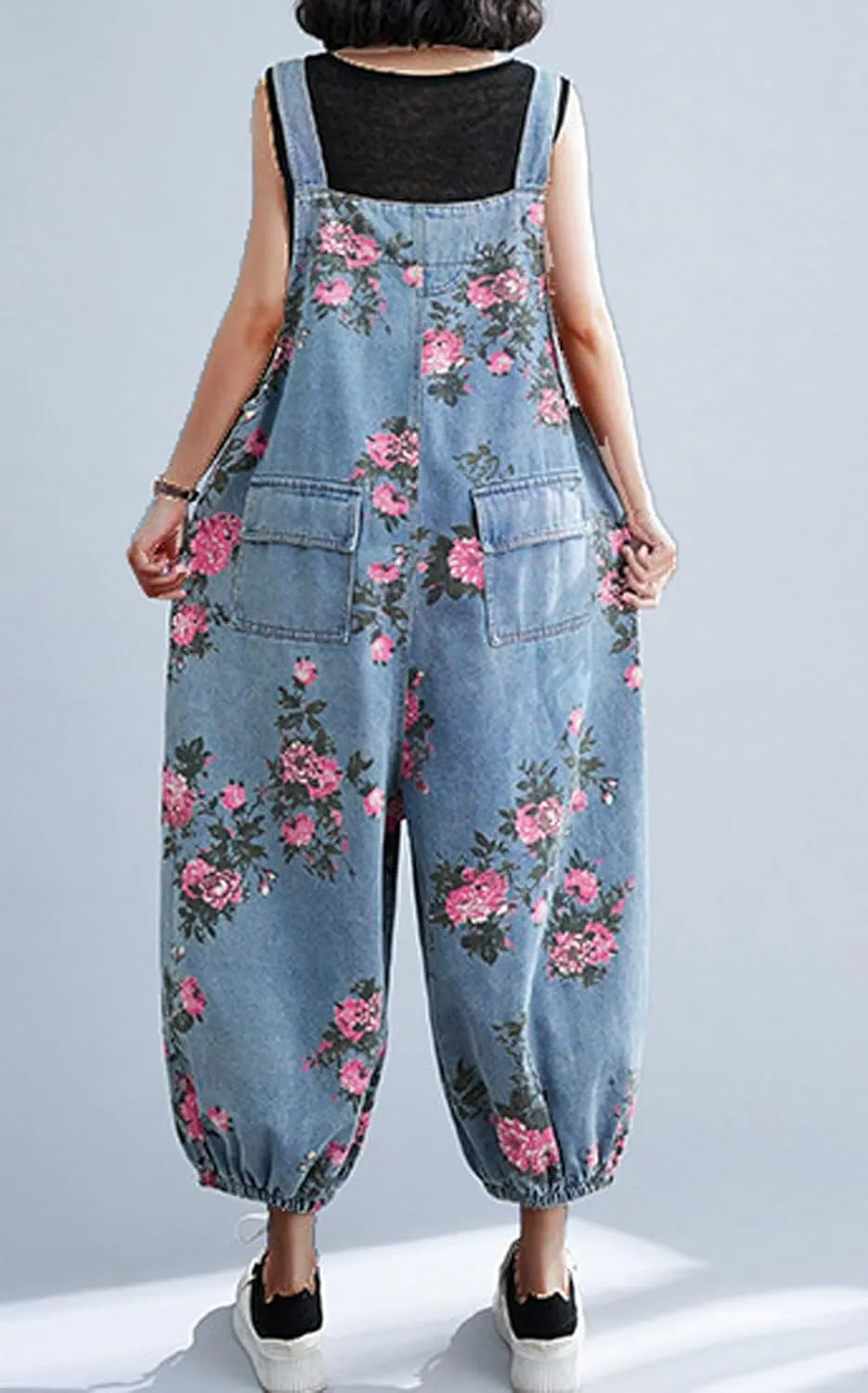 loveimgs Women Baggy Floral Denim Bib Overalls Sleeveless Cargo Jean Jumpsuit Cropped Harem Pants Joggers Cute Strap Overalls