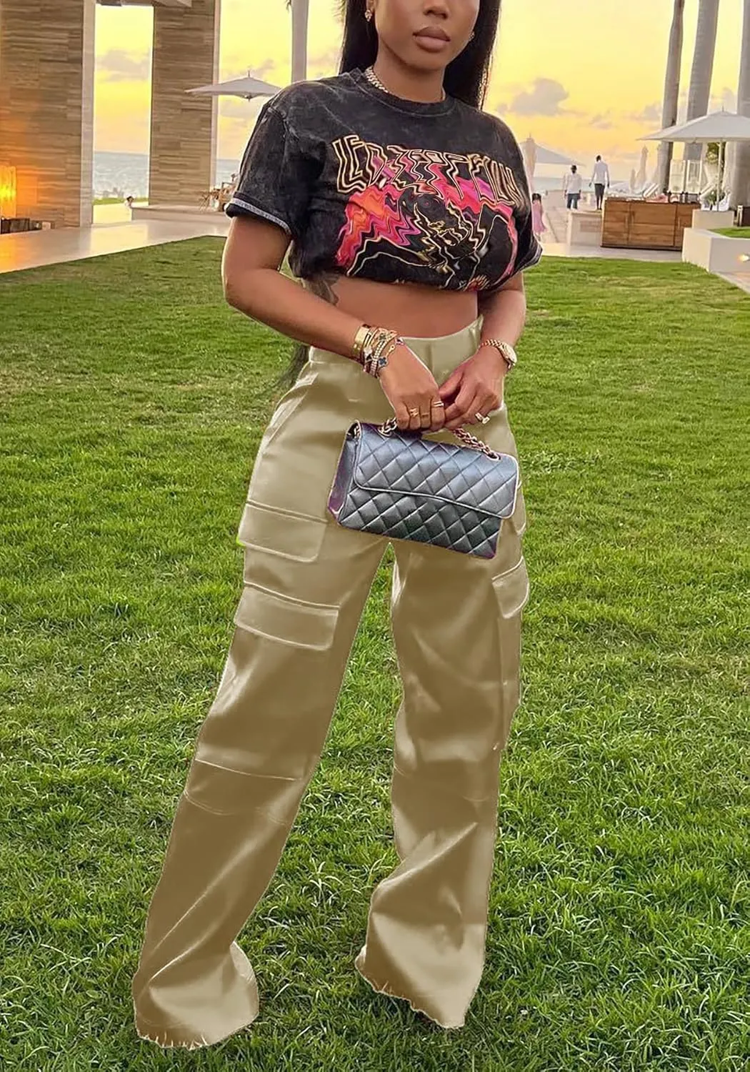 Lucuna Women's Satin Cargo Pants Y2K High Waisted Multi-Pocket Straight Leg Baggy Casual Trousers