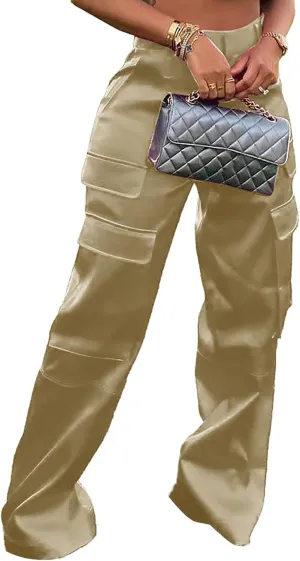 Lucuna Women's Satin Cargo Pants Y2K High Waisted Multi-Pocket Straight Leg Baggy Casual Trousers