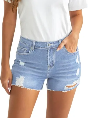 Luvamia Women's High Waisted Distressed Denim Shorts, Blue, Size X-Small to XX-Large