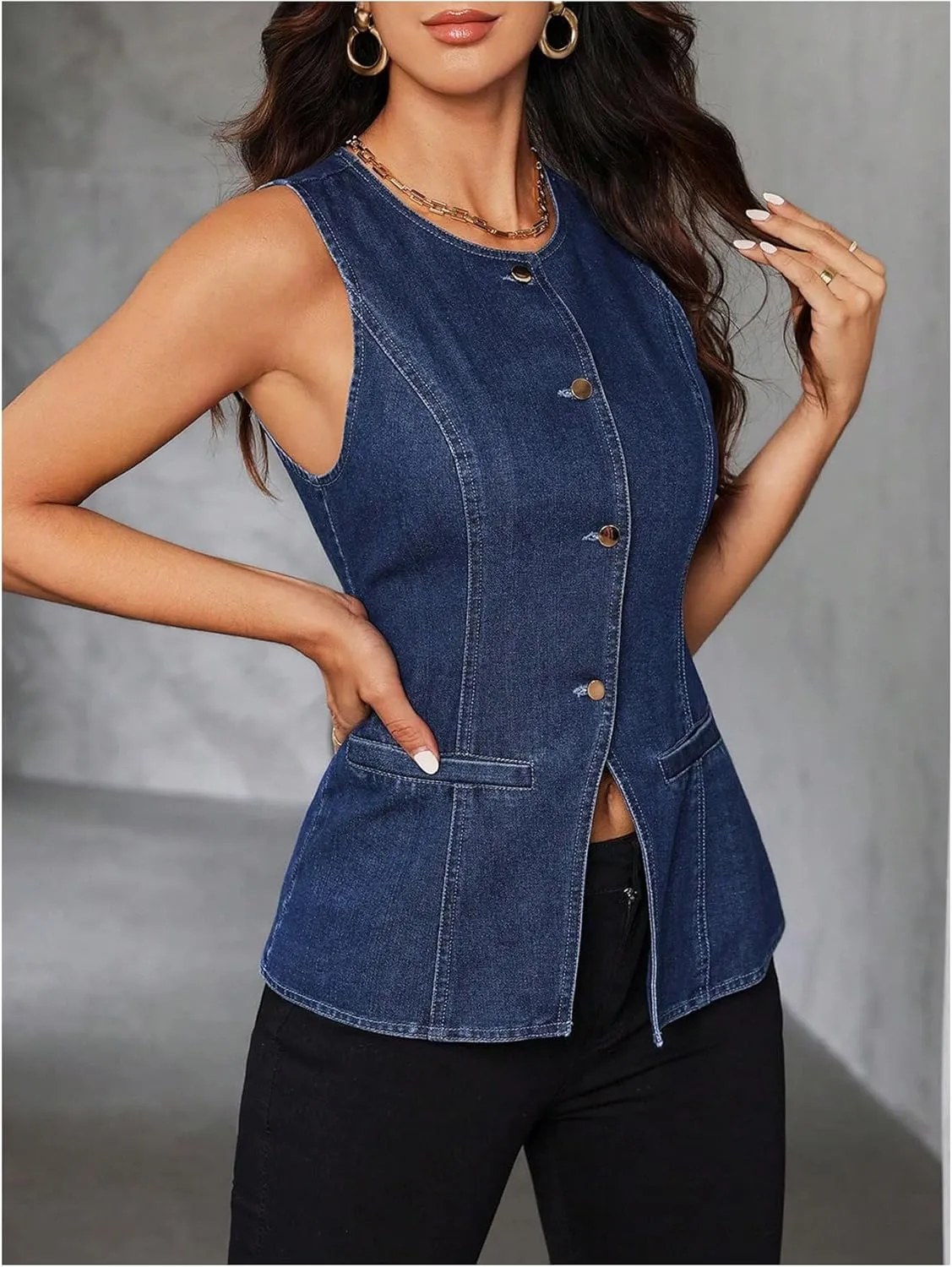 MakeMeChic Women's Denim Vest Button Down Crew Neck Sleeveless Jean Y2K Waistcoat Jacket