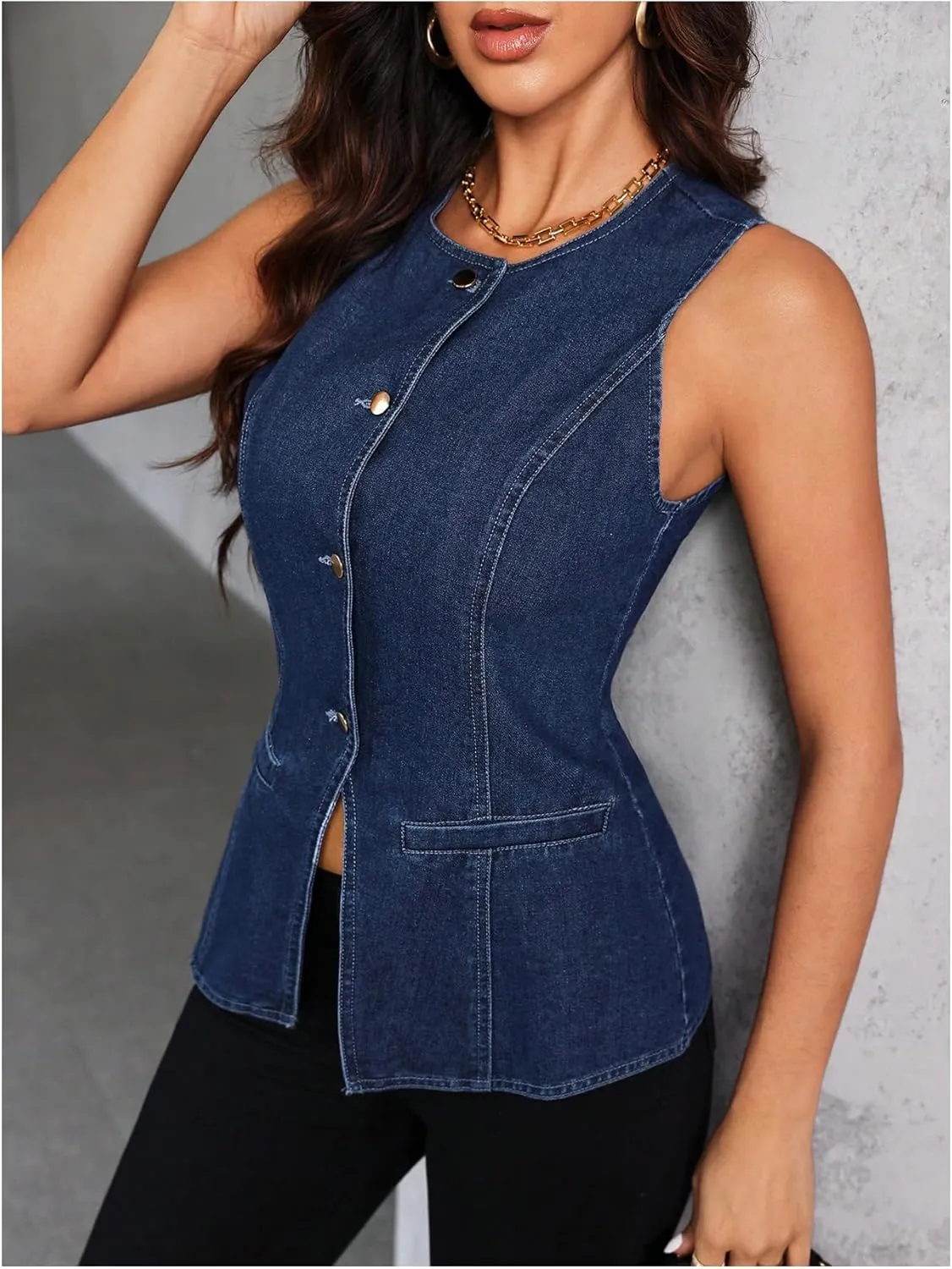 MakeMeChic Women's Denim Vest Button Down Crew Neck Sleeveless Jean Y2K Waistcoat Jacket