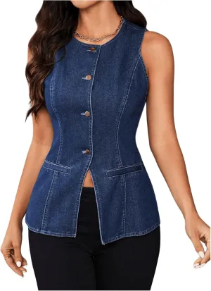 MakeMeChic Women's Denim Vest Button Down Crew Neck Sleeveless Jean Y2K Waistcoat Jacket