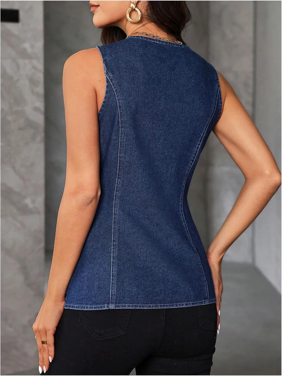 MakeMeChic Women's Denim Vest Button Down Crew Neck Sleeveless Jean Y2K Waistcoat Jacket
