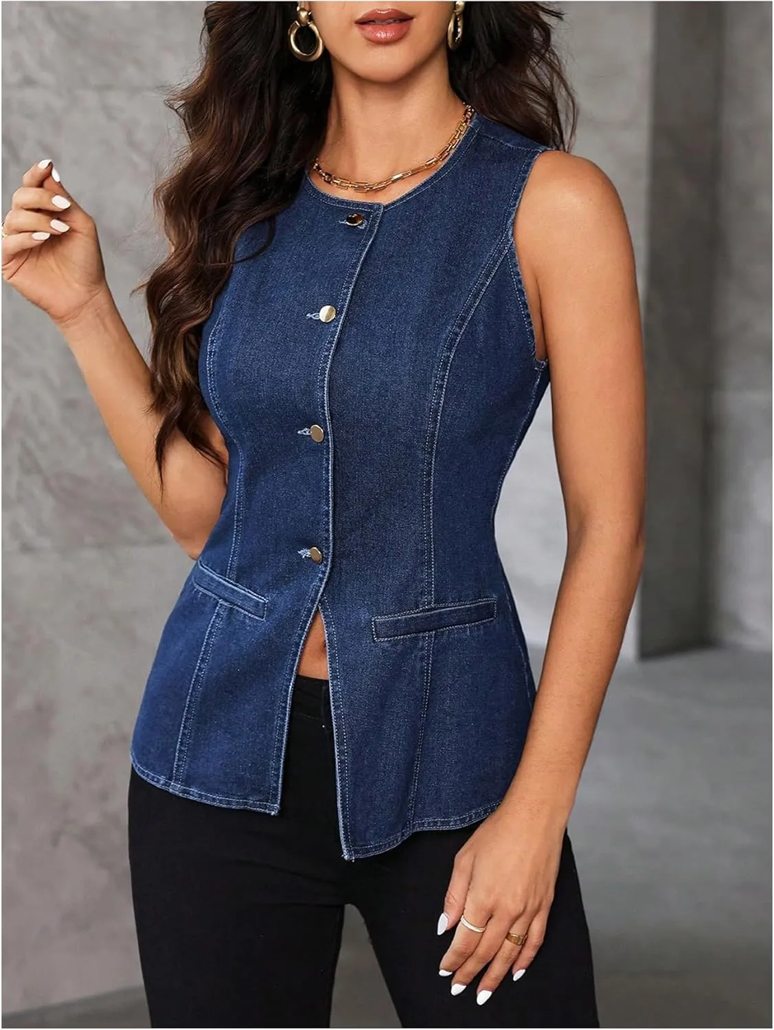 MakeMeChic Women's Denim Vest Button Down Crew Neck Sleeveless Jean Y2K Waistcoat Jacket