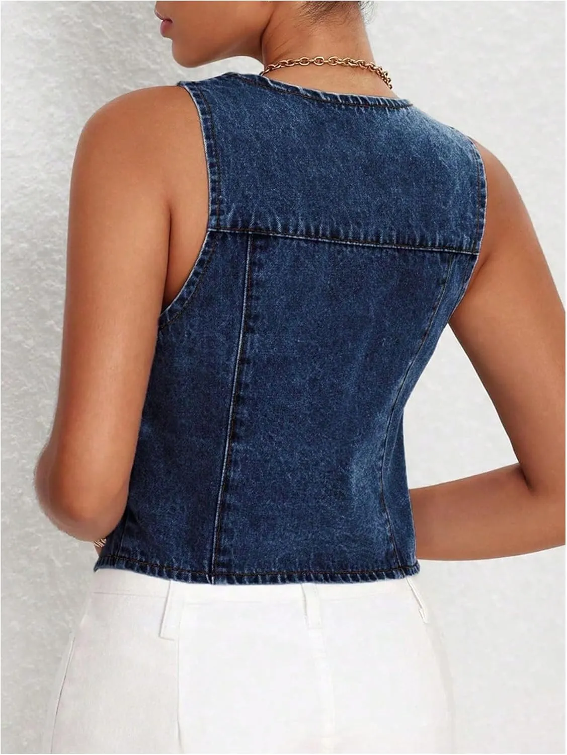 MakeMeChic Women's Denim Vest Tops Y2K Button Down V Neck Asymmetrical Crop Jean Vest Jackets