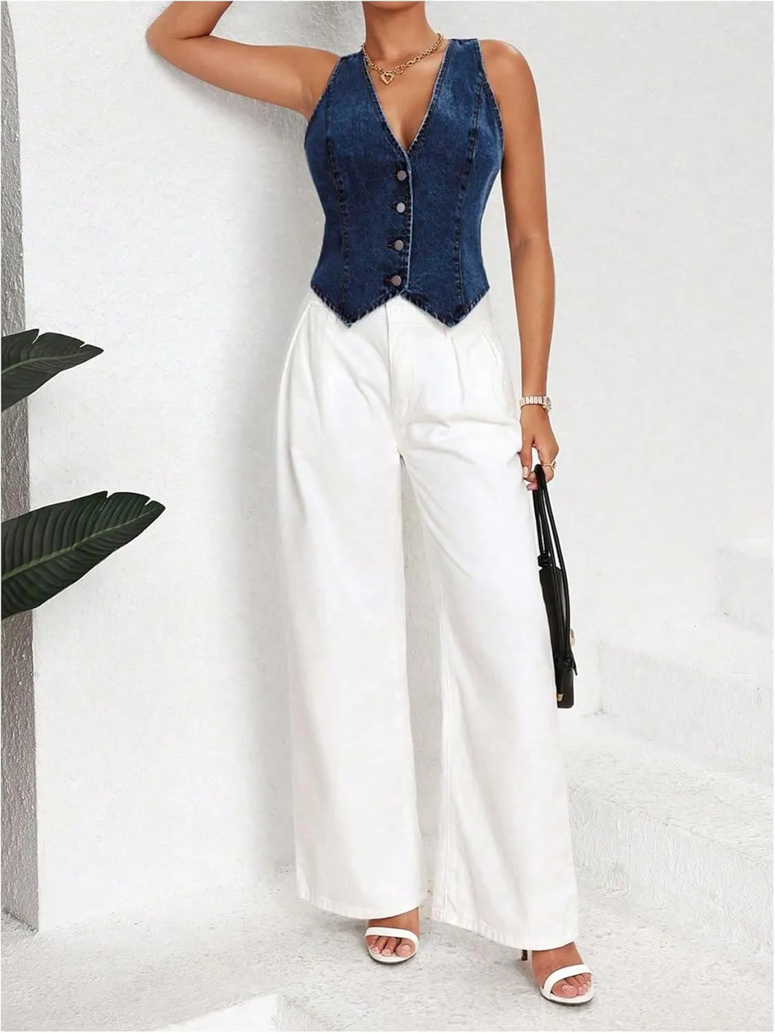 MakeMeChic Women's Denim Vest Tops Y2K Button Down V Neck Asymmetrical Crop Jean Vest Jackets