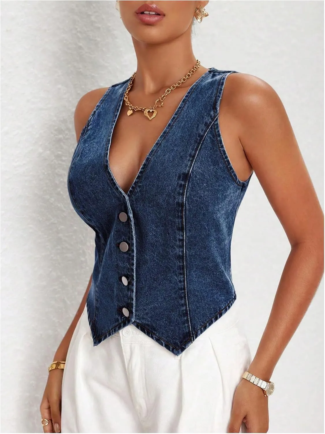MakeMeChic Women's Denim Vest Tops Y2K Button Down V Neck Asymmetrical Crop Jean Vest Jackets