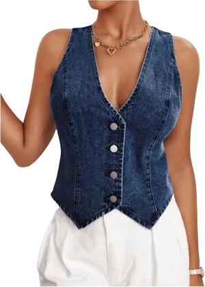 MakeMeChic Women's Denim Vest Tops Y2K Button Down V Neck Asymmetrical Crop Jean Vest Jackets