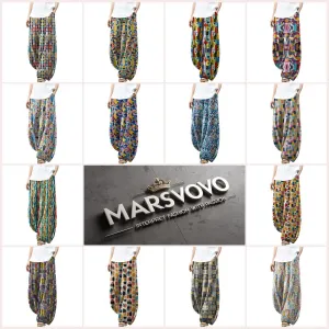 MARSVOVO Palazzo Pants for Women Dressy Print High Waist Wide Leg Pants Loose Flowy Relaxed Elastic Long Plus Size Pants
