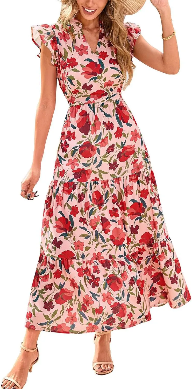 Maxi Dresses Casual Summer Wrap Maxi Dress Boho Floral Long Dresses V Neck Flutter Short Sleeve Ruffle Hem Swing Dress