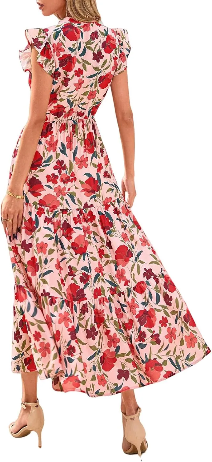 Maxi Dresses Casual Summer Wrap Maxi Dress Boho Floral Long Dresses V Neck Flutter Short Sleeve Ruffle Hem Swing Dress