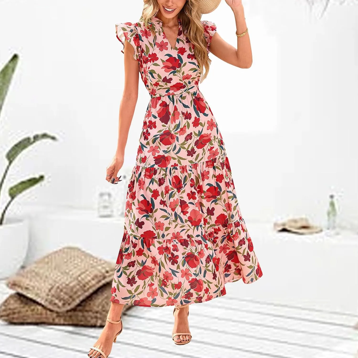Maxi Dresses Casual Summer Wrap Maxi Dress Boho Floral Long Dresses V Neck Flutter Short Sleeve Ruffle Hem Swing Dress