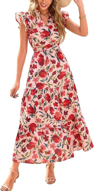 Maxi Dresses Casual Summer Wrap Maxi Dress Boho Floral Long Dresses V Neck Flutter Short Sleeve Ruffle Hem Swing Dress